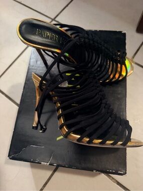 Piper Black Strappy Heels with Iridescent Gold Trim